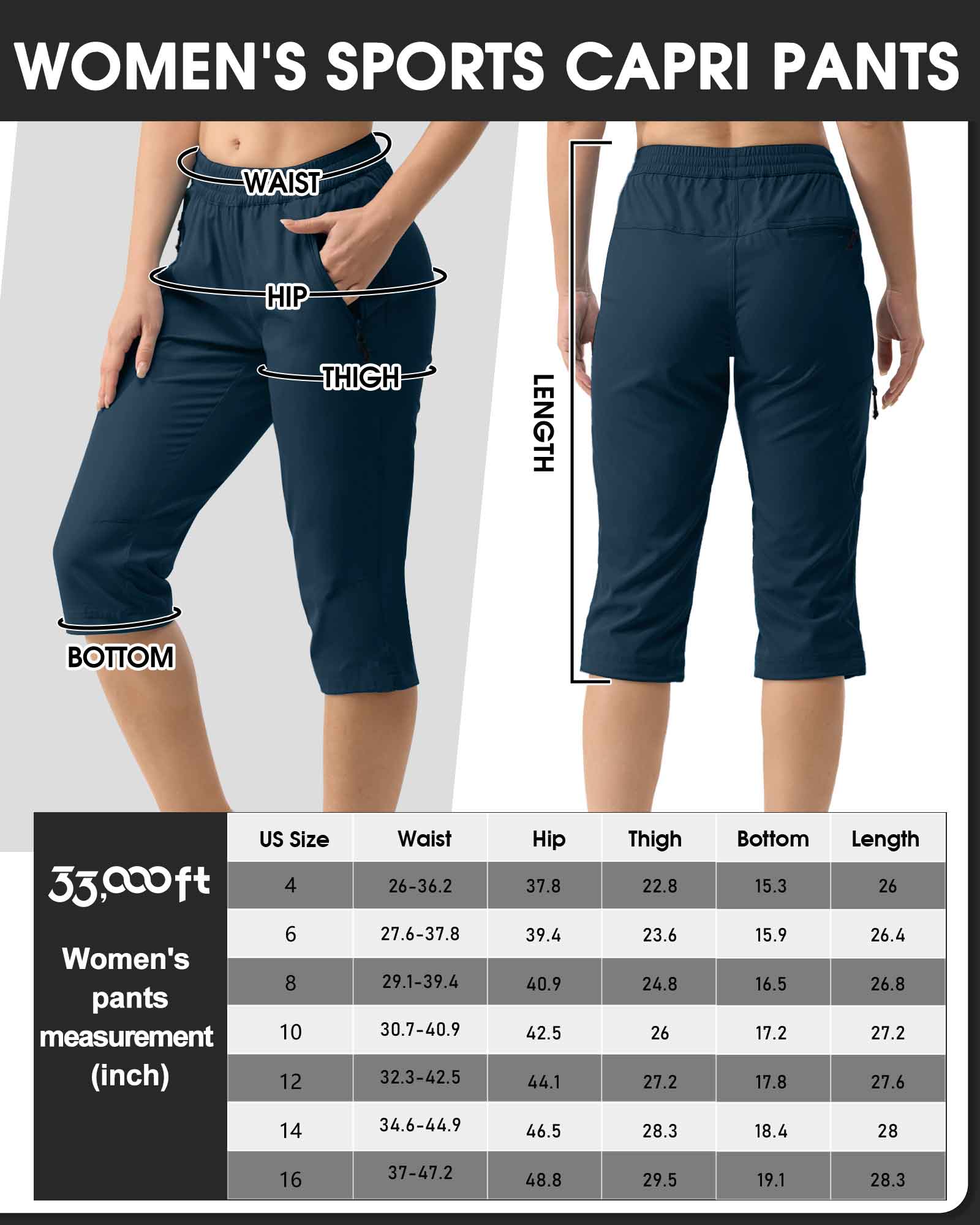 Women's UPF 50+ Elastic Waist 17" Capri Golf Pants with 4 Pockets