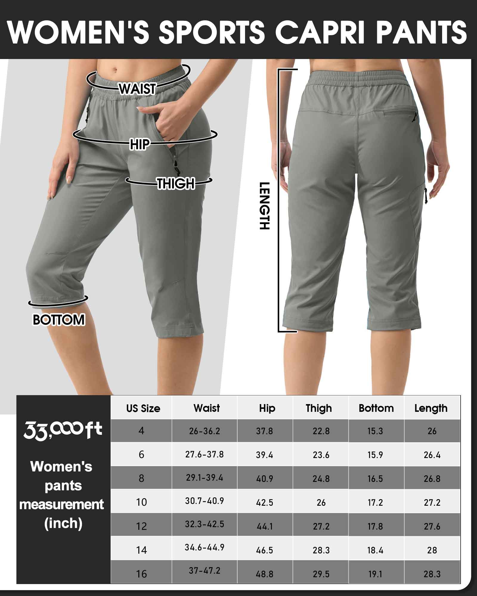 Women's UPF 50+ Elastic Waist 17" Capri Golf Pants with 4 Pockets