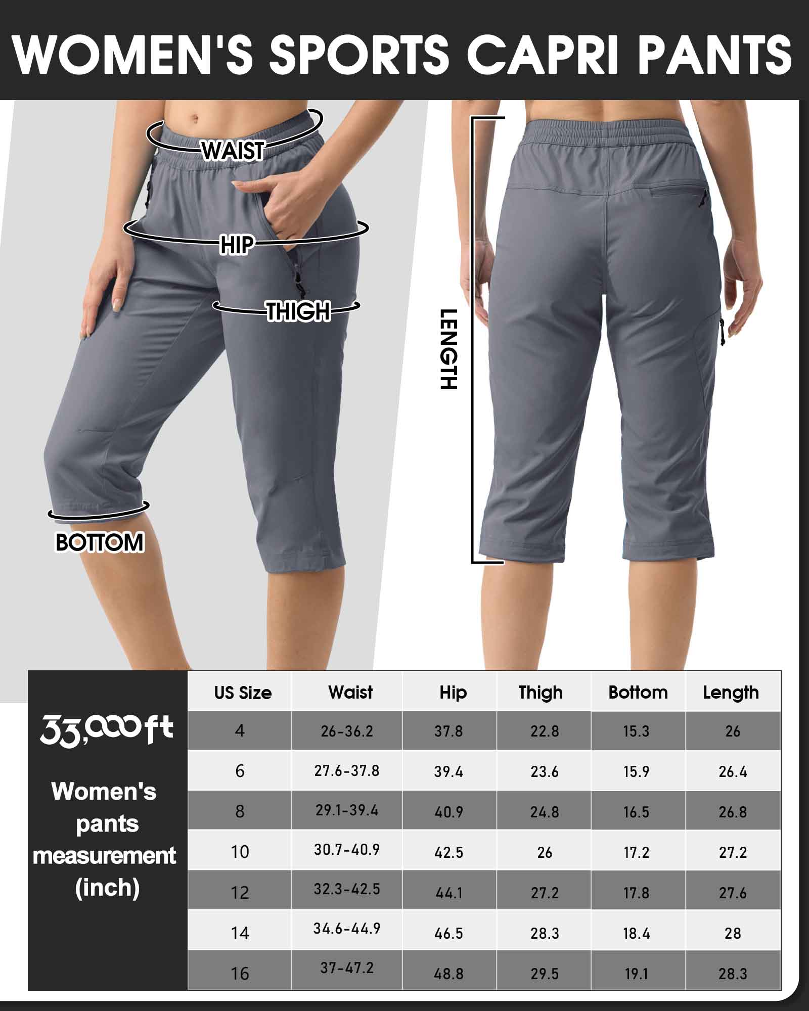 Women's UPF 50+ Elastic Waist 17" Capri Golf Pants with 4 Pockets