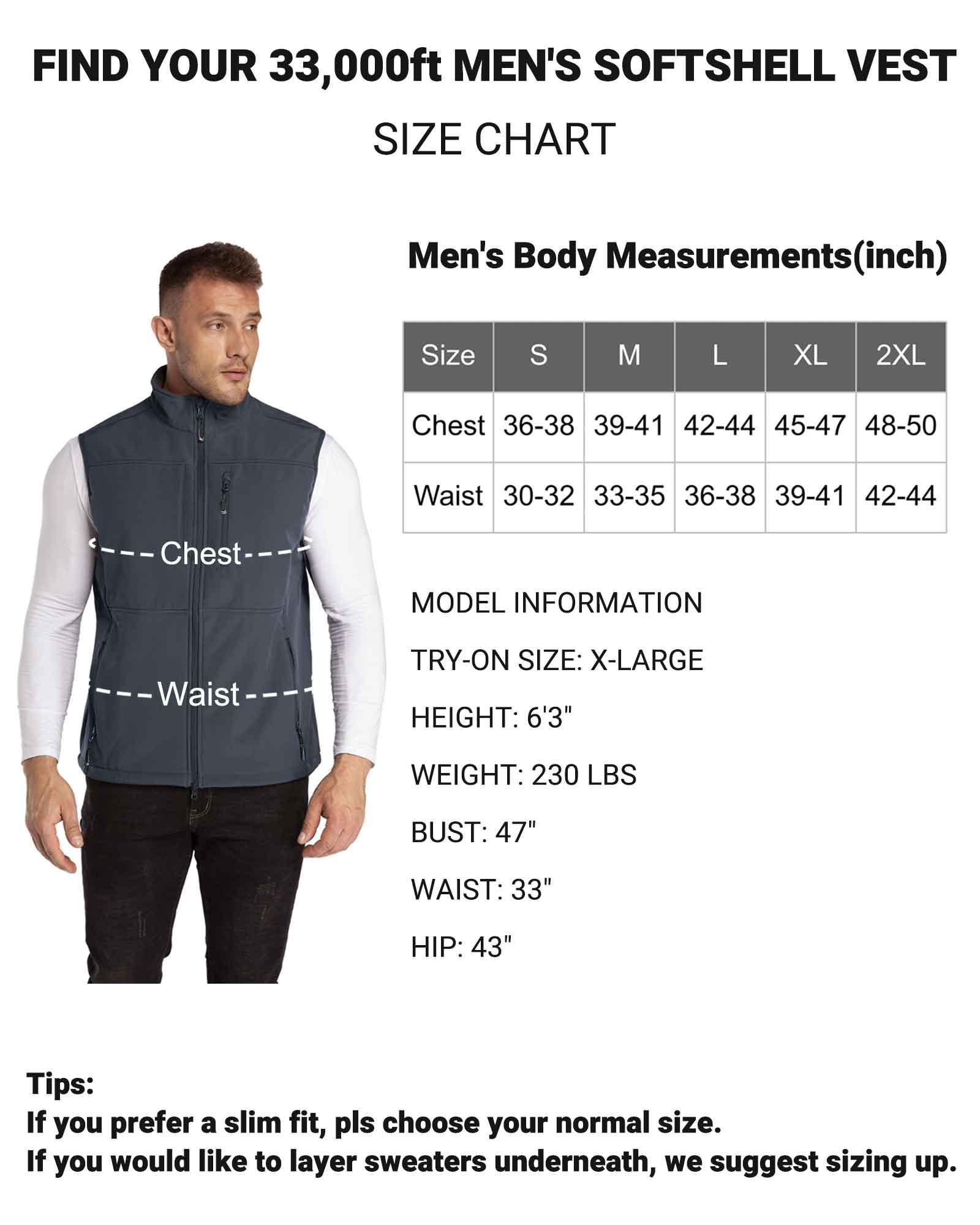 1.2 lbs 8000mm W/P Index Men's Softshell Fleece Lined Vest Outerwear with 7 Pockets - 33,000ft