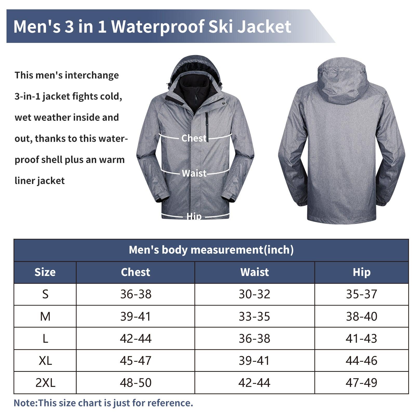 10000 mmH2O Index/5000 Level Breathable Men's 3-in-1 Ski Winter Jacket with Fleece Lined Softshell and 10 zipper pockets 33,000ft