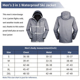 10000 mmH2O Index/5000 Level Breathable Men's 3-in-1 Ski Winter Jacket with Fleece Lined Softshell and 10 zipper pockets 33,000ft
