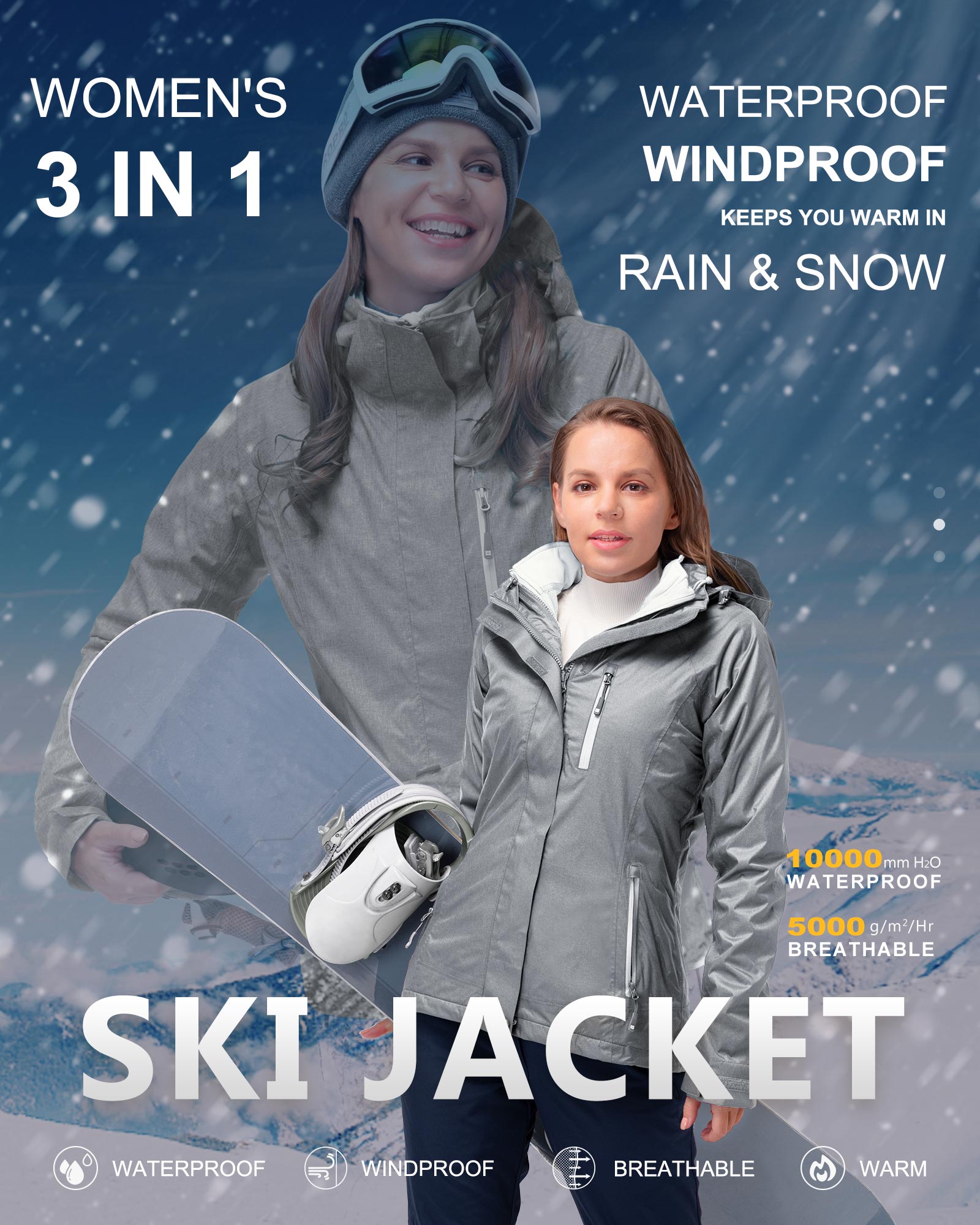 Women's 3 in 1 Hooded Waterproof Coat Winter Ski Hiking Rain Jacket So –  33,000ft