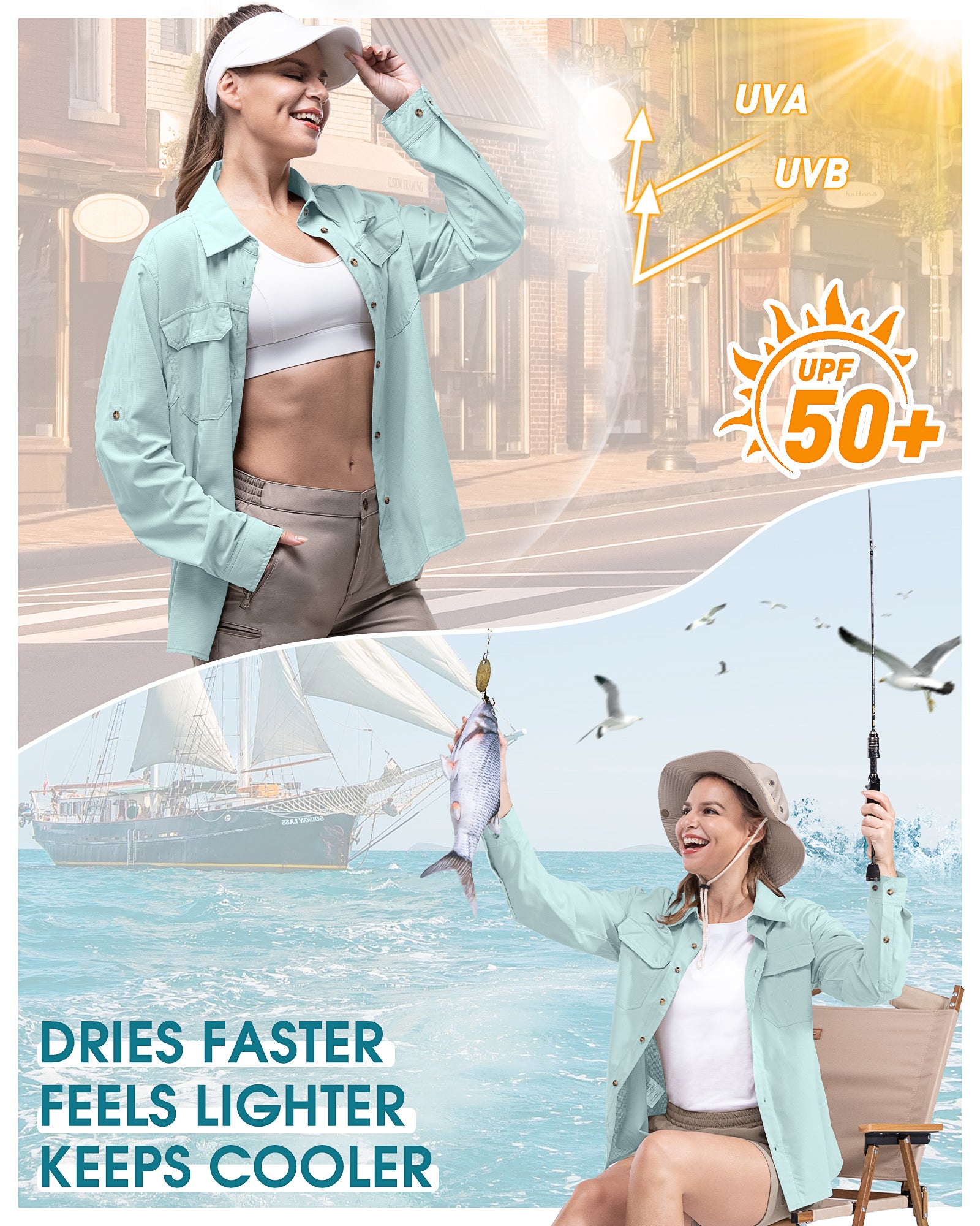 Women's UPF 50+ UV Sun Protection Safari Shirt, Long Sleeve Outdoor Cool  Quick Dry Fishing Hiking Gardening Shirts