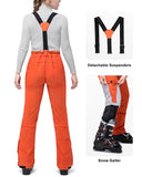 Women's Ski Bibs Waterproof Snow Pants Windproof Snowboarding Overalls Pants with Detachable Suspenders Orange Red